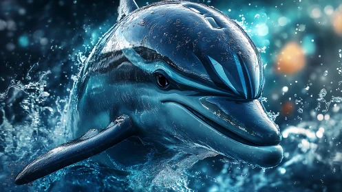 Glittering cyber dolphin leaps through glowing ocean spray
