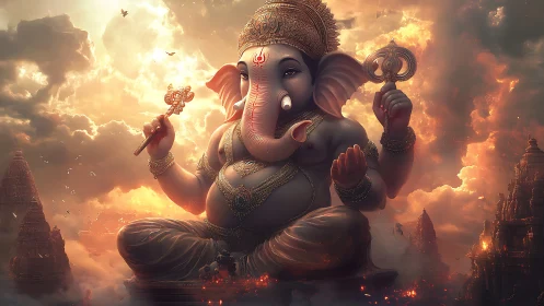 Radiant Ganesha seated in glowing sunset temple clouds.