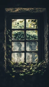 Old stone window framed by creeping ivy and soft light.