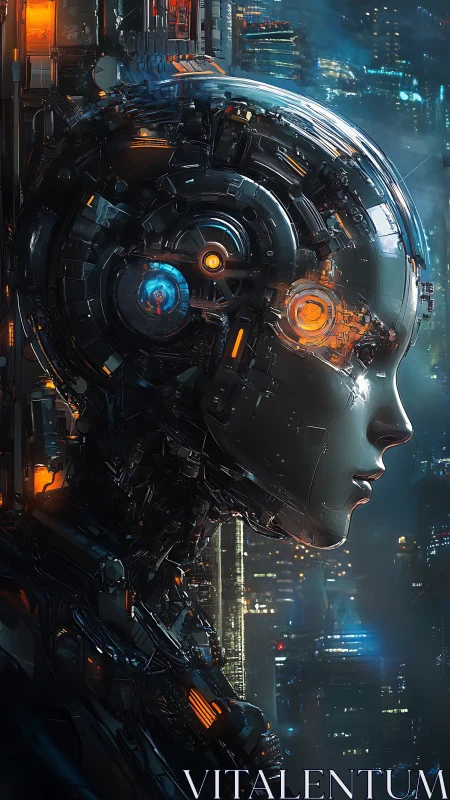 Cybernetic profile in neon-lit future skyline.