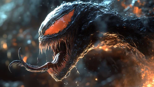 3D creature portrait with molten highlights and hostile silhouette.