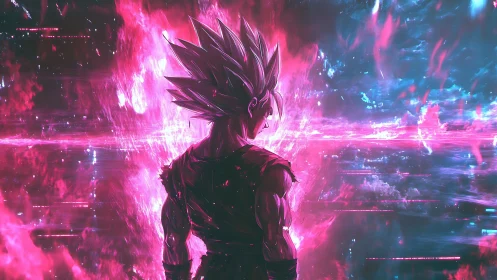 Powerful anime warrior in neon cosmic energy field.