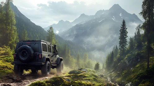 Rugged off road SUV welcomes dawn in misty mountain valley