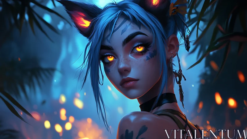Fox-eared girl glows softly in a magical blue forest night