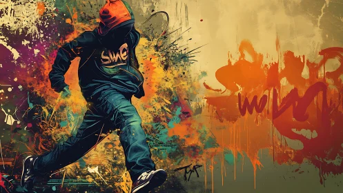 Hooded street runner bursting through molten graffiti storm.