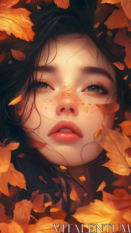 Golden autumn leaves cradle a dreamy freckled portrait
