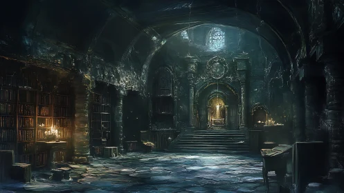 Forgotten gothic library hall glows with cold candlelight