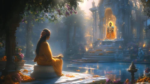 Seated figure at temple pool facing luminous statue presence.
