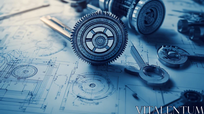 Precision metal gears rest on detailed technical blueprints