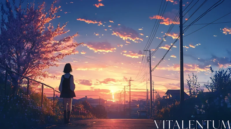 Schoolgirl watches luminous suburban sunset sky in silence.