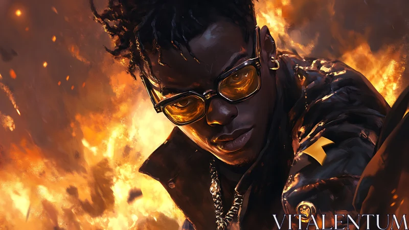 Flame-eyed rebel strides through painted inferno night.