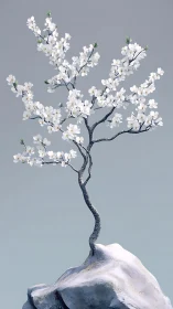 Botanical minimalism: sculpted white blossom tree on stone peak.