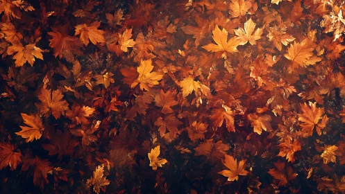 Overhead view of scattered orange and brown autumn leaves.