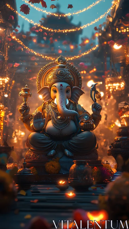 Golden Ganesha amid glowing festival lights and petals.
