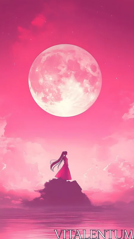 Moonlit dreamer leans into a rose-tinted tidal sky