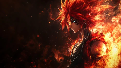 Blazing anime warrior stands proud in a storm of swirling fire