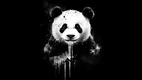 High contrast ink-splatter panda portrait with dripping paint trails