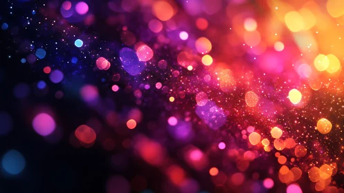 Multicolored bokeh particle field forms diagonal luminous gradient