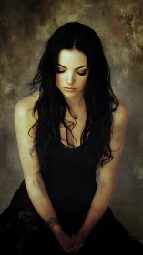 Melancholic woman in black dress sits in quiet reflection