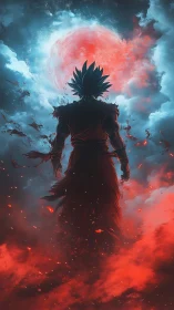 Warrior silhouette beneath burning crimson moonrise.