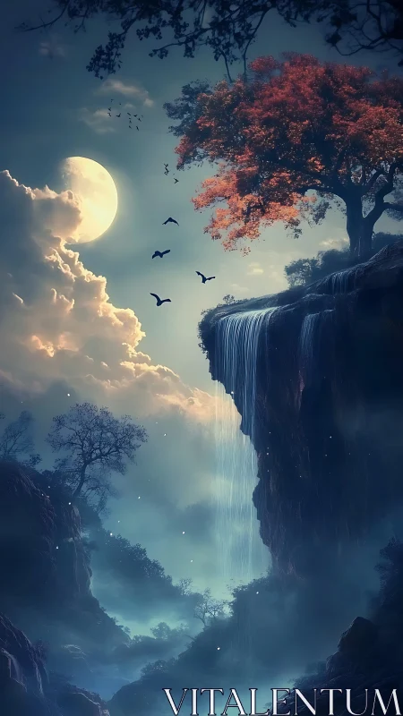Moonlit cliff waterfall welcomes a quiet red-crowned tree