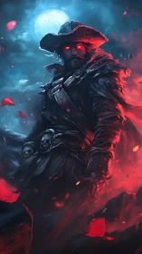 Dark gunslinger under moonlight with glowing red eyes.