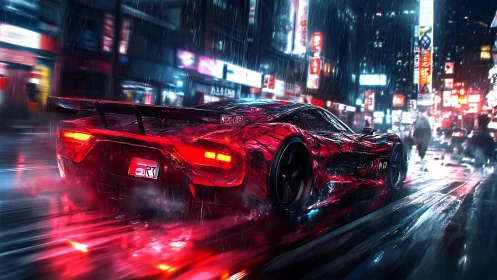 Neon storm racer shredding rain-soaked cybercity streets.