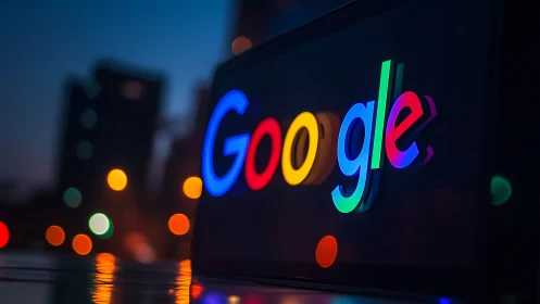 Google logo on illuminated screen against blurred cityscape.