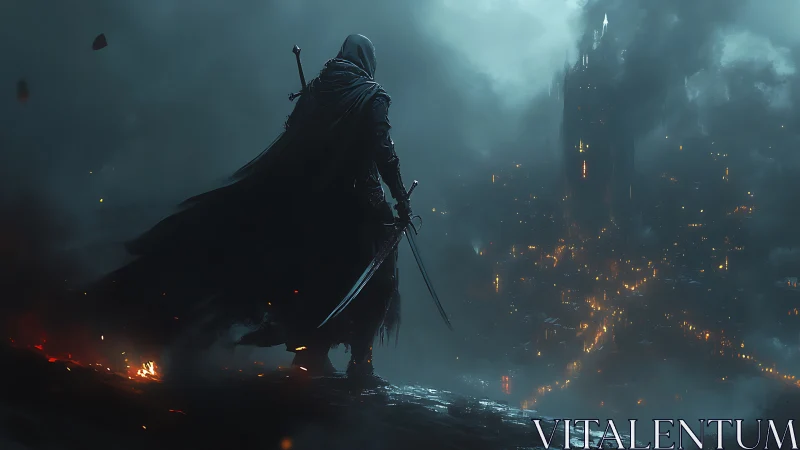Hooded swordsman overlooking stormlit citadel at night.