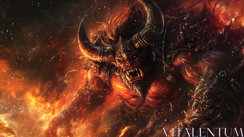 Infernal horned warlord emerging from molten firestorm.