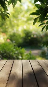 Sunlit wooden deck peeking into a softly blurred garden.