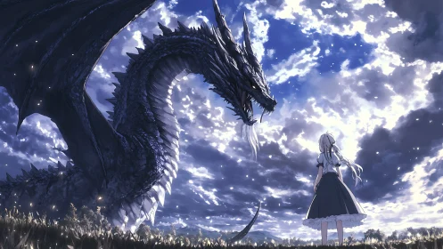Anime fantasy standoff with colossal dragon under luminous sky.