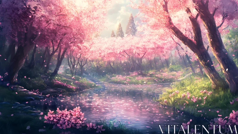 Sunlit cherry blossom river rendered as lyrical digital painting