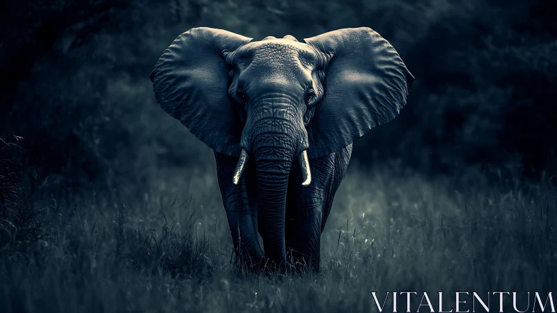 Solitary elephant stands in misty grassland under moonlit tone