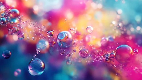 Vibrant macro bubbles drifting through neon color haze.