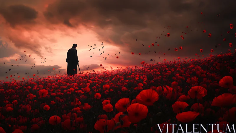 Solitary figure pauses gently in a glowing red poppy field