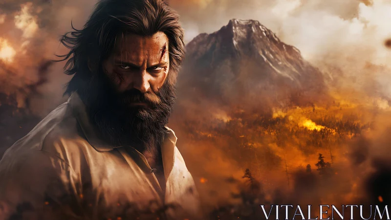 Scarred wanderer glowers amid wildfire-wreathed mountain dusk.