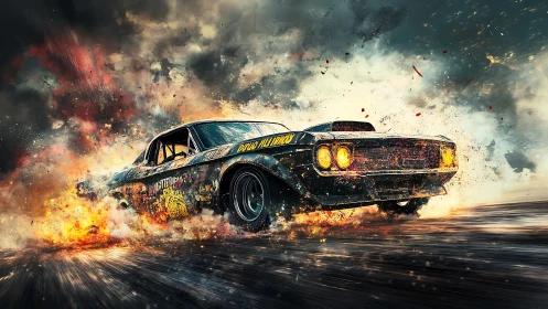 Roaring muscle car tears through sparks in a stormy racetrack
