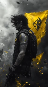 Storm-scarred rebel sentinel beneath burning yellow banners.