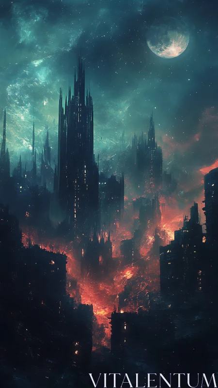 Burning sci fi city rises beneath a haunting teal night sky