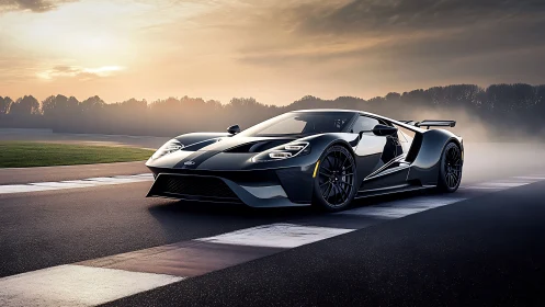 Black mid-engine supercar stands on race track at sunrise