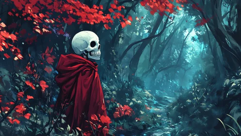 Skeletal wanderer in crimson cloak crossing chromatic forest.