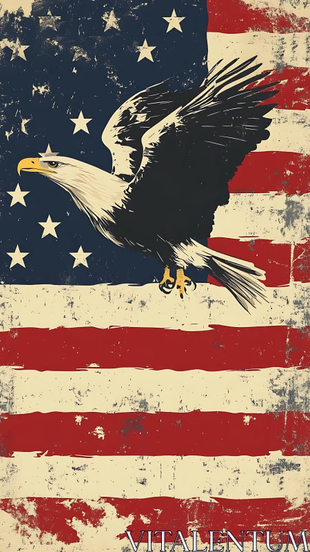 Soaring bald eagle dominates distressed American flag design
