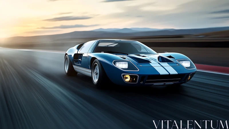 Photorealistic racing coupe on blurred dusk circuit track.