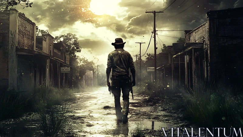 Lone gunslinger traverses flooded, decayed main street at dusk