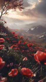 Red poppy meadow on sloping hillside under cloudy sky.