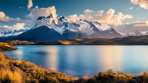 Snowcapped mountain range rises above calm reflective lake
