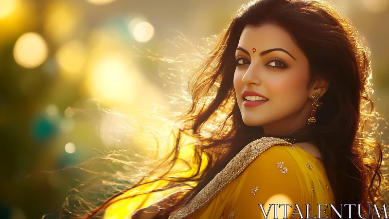 Backlit portrait in golden bokeh with dynamic hair motion.