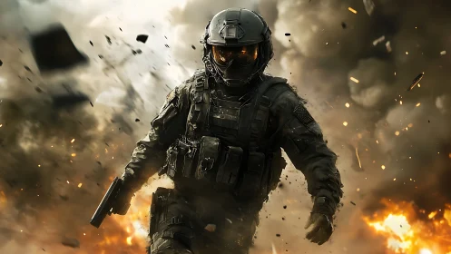 Armored soldier advancing through dense battlefield explosions.