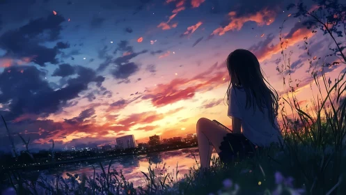 Girl observes riverbank city skyline under vivid sunset sky